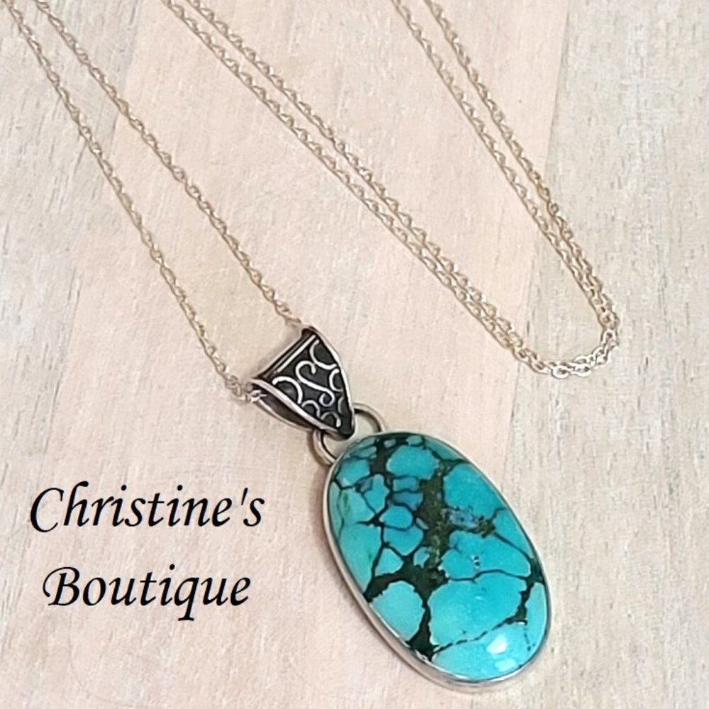 Turquoise pendant necklace, 925 sterling silver and chain